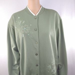 Alfred Dunner Button Up Sweater Jacket Sz L Green